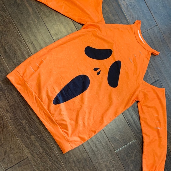 ORANGE Distressed Cold Shoulder Halloween Shirt - Picture 3 of 10